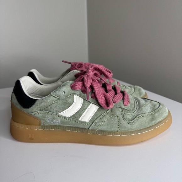 Coolway Goal Suede Gum Sole Lace-up Sneakers Size 7 Green Khaki Pink Laces - Picture 5 of 12